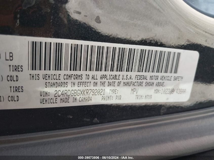 2019 Dodge Grand Caravan Se 35Th Anniversary Edition VIN: 2C4RDGBGXKR792021 Lot: 39573806