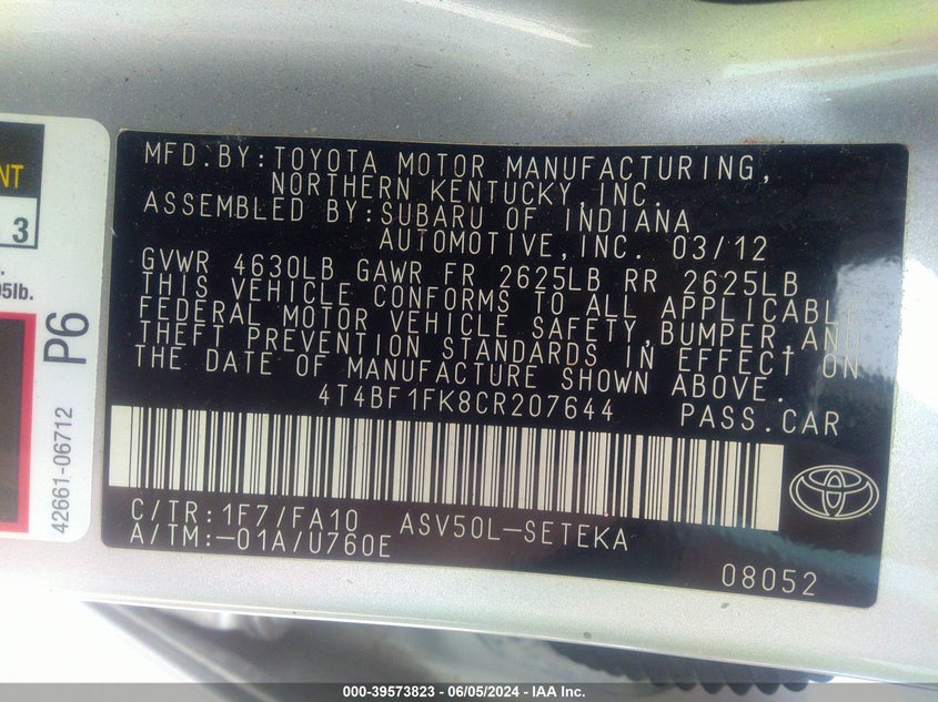 2012 Toyota Camry L VIN: 4T4BF1FK8CR207644 Lot: 39573823