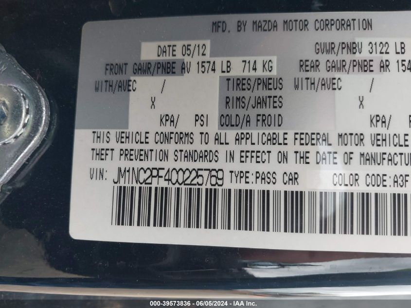 2012 Mazda Mx-5 Miata Grand Touring VIN: JM1NC2PF4C0225769 Lot: 39573836