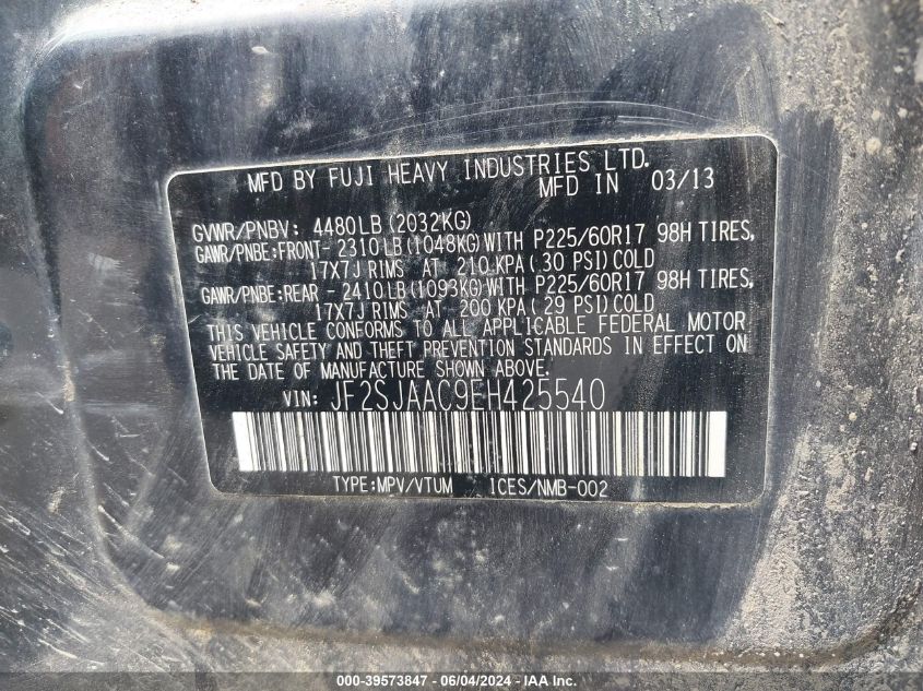 2014 Subaru Forester 2.5I VIN: JF2SJAAC9EH425540 Lot: 39573847