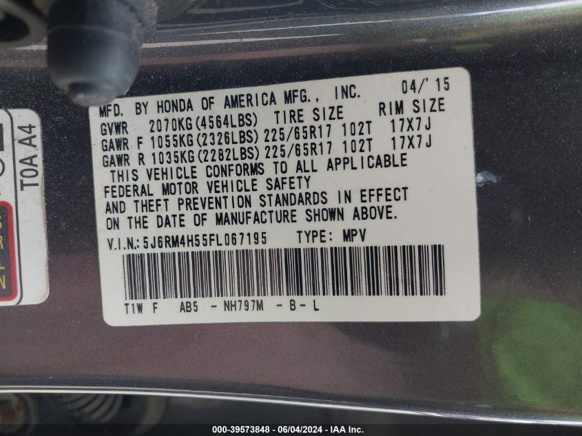 2015 Honda Cr-V Ex VIN: 5J6RM4H55FL067195 Lot: 39573848