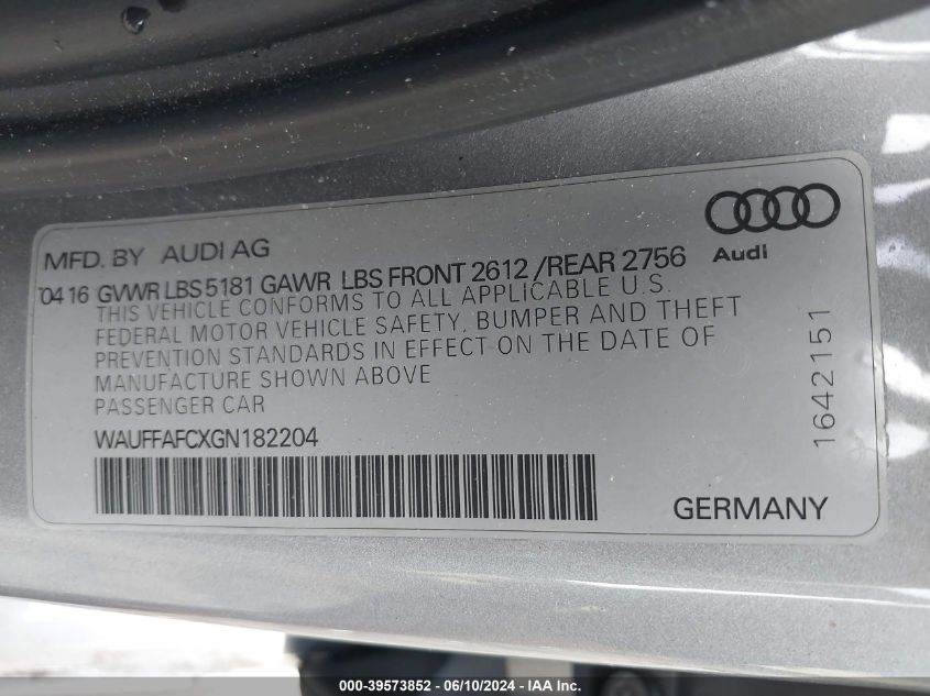 2016 AUDI A6 PREMIUM - WAUFFAFCXGN182204