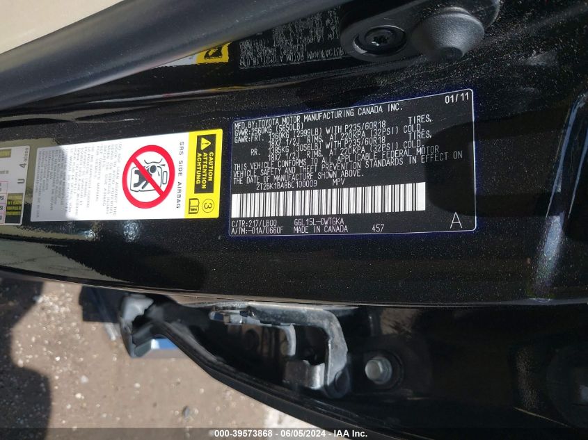 2011 Lexus Rx 350 VIN: 2T2BK1BA8BC100009 Lot: 39573868