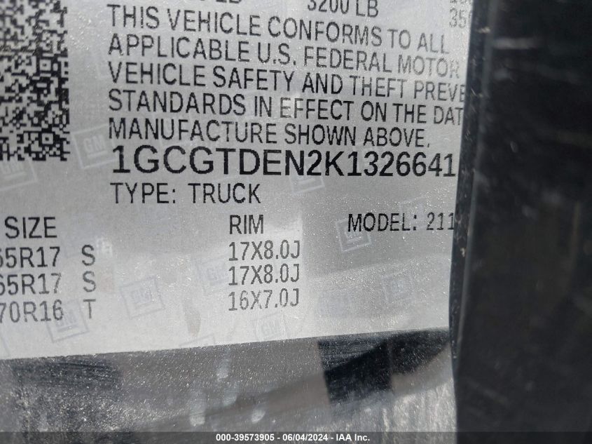 2019 Chevrolet Colorado Z71 VIN: 1GCGTDEN2K1326641 Lot: 39573905