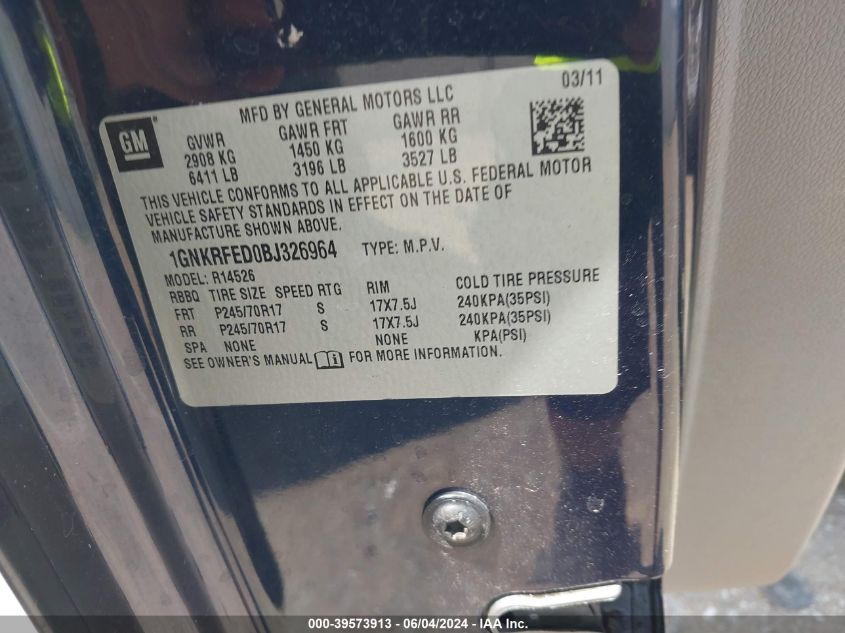 2011 Chevrolet Traverse Ls VIN: 1GNKRFED0BJ326964 Lot: 39573913