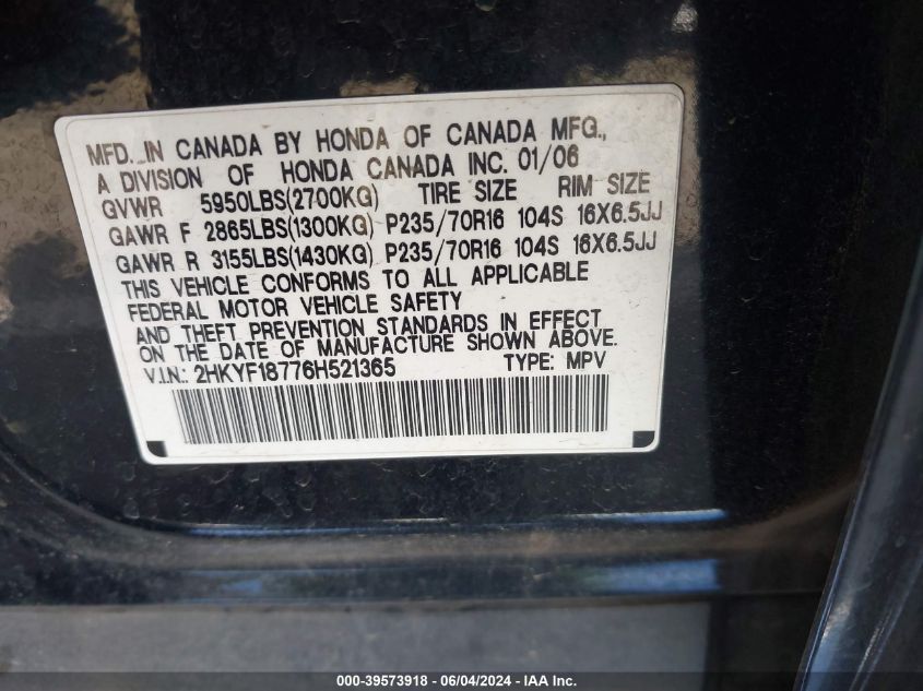 2006 Honda Pilot Ex-L VIN: 2HKYF18776H521365 Lot: 39573918