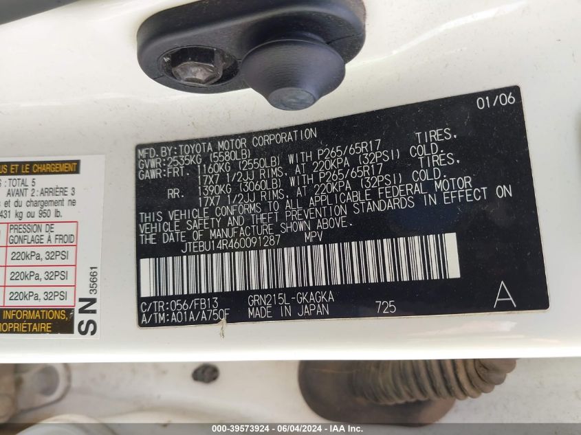 2006 Toyota 4Runner Sr5 Sport V6 VIN: JTEBU14R460091287 Lot: 39573924