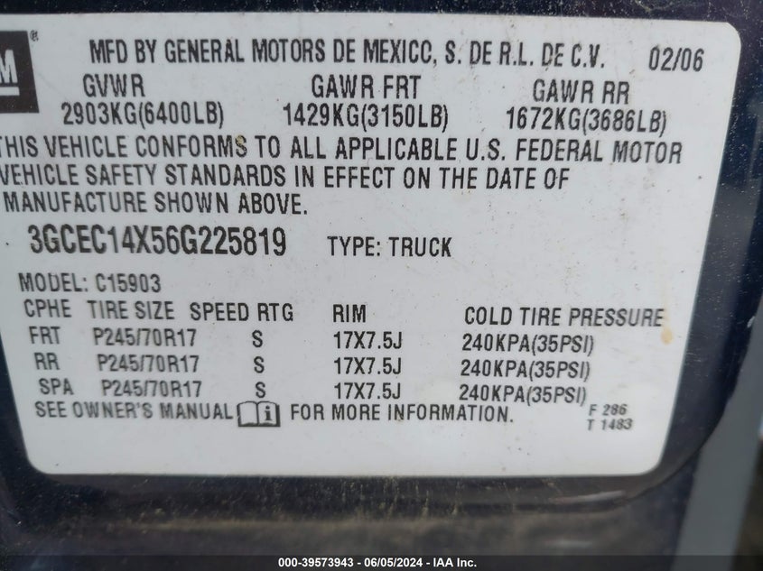2006 Chevrolet Silverado 1500 Work Truck VIN: 3GCEC14X56G225819 Lot: 39573943