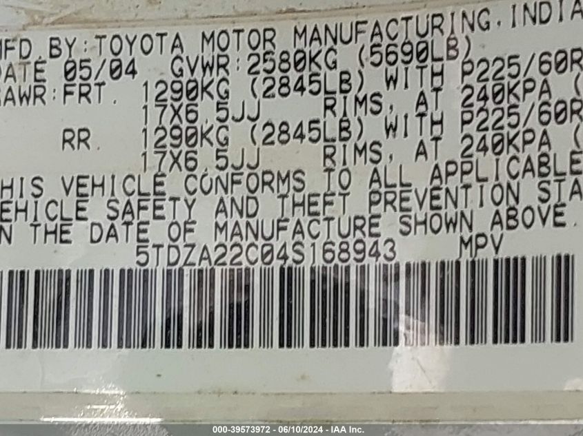 2004 Toyota Sienna Xle VIN: 5TDZA22C04S168943 Lot: 39573972