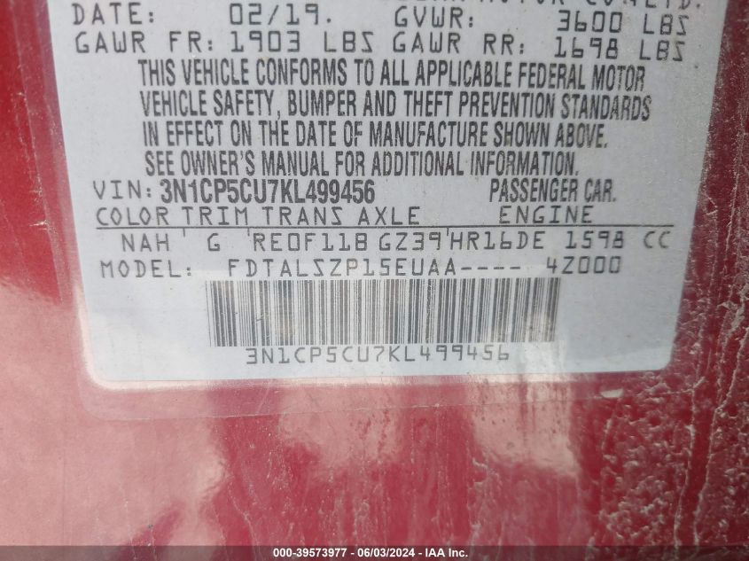 VIN 3N1CP5CU7KL499456 2019 NISSAN KICKS SV