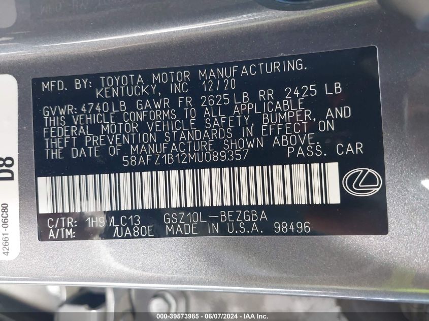 2021 Lexus Es 350 Ultra Luxury VIN: 58AFZ1B12MU089357 Lot: 39573985