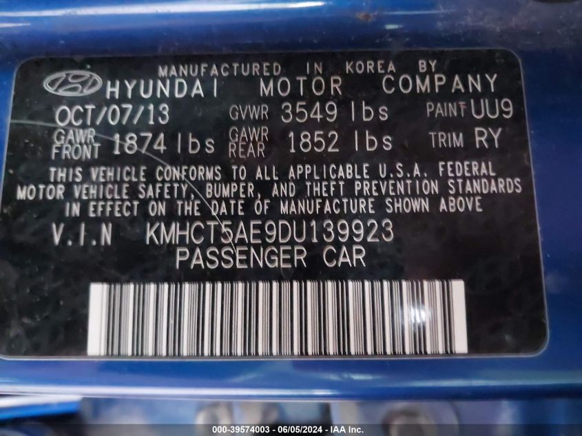 2013 Hyundai Accent Gs VIN: KMHCT5AE9DU139923 Lot: 39574003