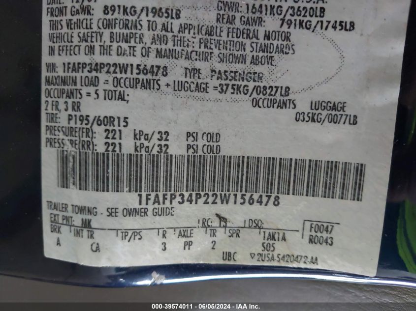 2002 Ford Focus Se VIN: 1FAFP34P22W156478 Lot: 39574011