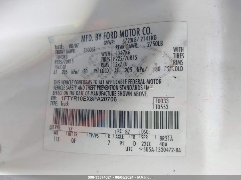 2008 Ford Ranger Xl/Xlt VIN: 1FTYR10EX8PA20706 Lot: 39574021