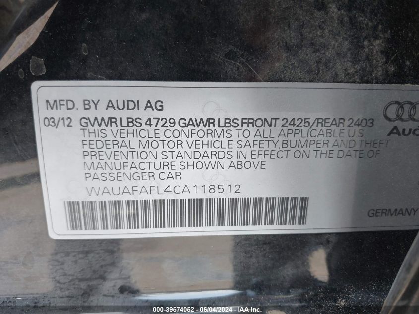 2012 Audi A4 2.0T Premium VIN: WAUAFAFL4CA118512 Lot: 39574052