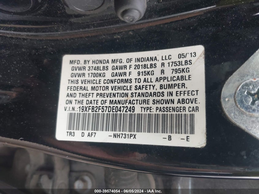 2013 Honda Civic Lx VIN: 19XFB2F57DE047249 Lot: 39574054