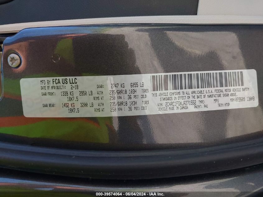 2018 Chrysler Pacifica Touring Plus VIN: 2C4RC1FGXJR271552 Lot: 39574064