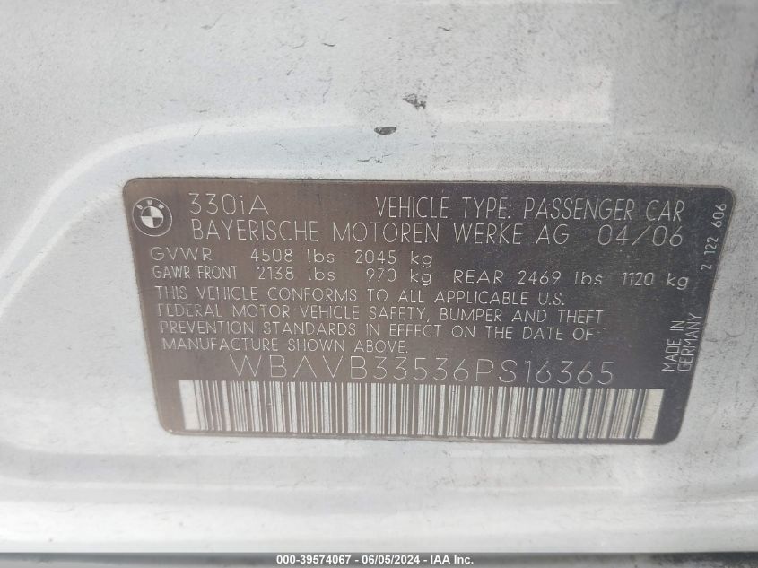 2006 BMW 330I VIN: WBAVB33536PS16365 Lot: 39574067