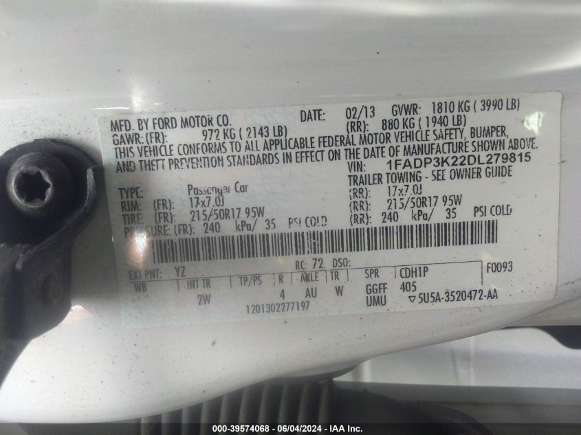 2013 Ford Focus Se VIN: 1FADP3K22DL279815 Lot: 39574068