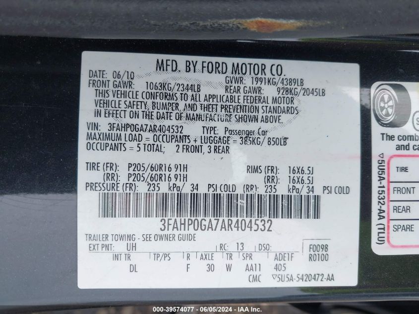 2010 Ford Fusion S VIN: 3FAHP0GA7AR404532 Lot: 39574077