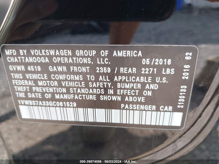 2016 Volkswagen Passat 1.8T Se VIN: 1VWBS7A33GC061529 Lot: 39574086