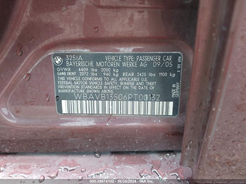 2006 BMW 325I VIN: WBAVB13506PT00132 Lot: 39574102