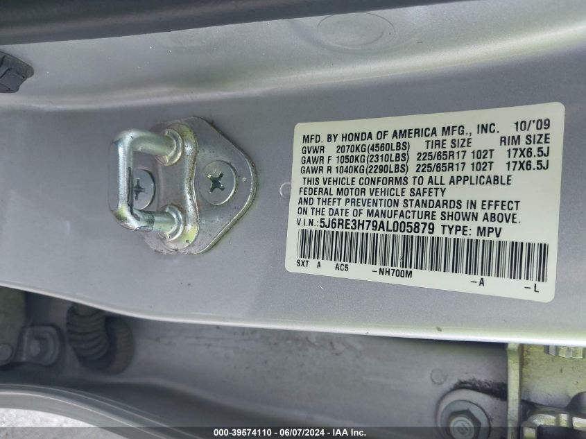 2010 Honda Cr-V Ex-L VIN: 5J6RE3H79AL005879 Lot: 39574110