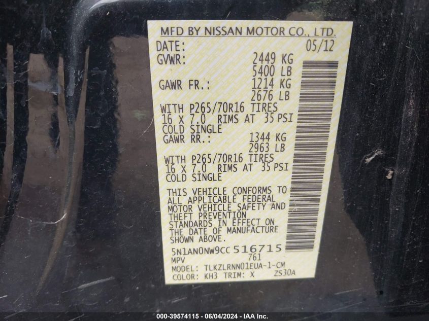 2012 Nissan Xterra S VIN: 5N1AN0NW9CC516715 Lot: 39574115