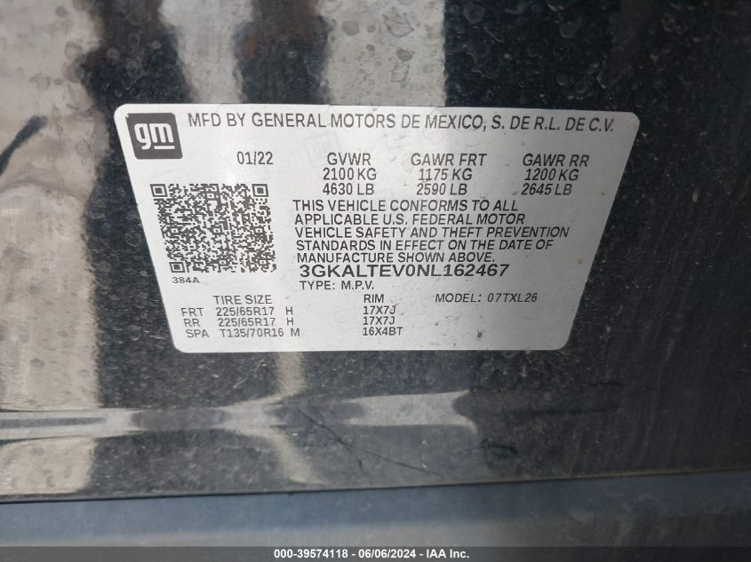 2022 GMC Terrain Awd Sle VIN: 3GKALTEV0NL162467 Lot: 39574118