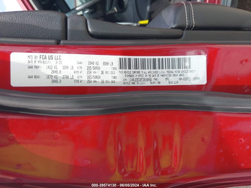 2015 Jeep Grand Cherokee Limited VIN: 1C4RJEBG3FC816056 Lot: 39574130