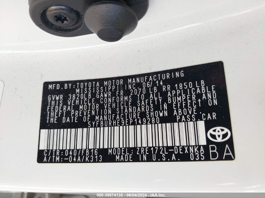 2014 Toyota Corolla Le VIN: 5YFBURHE9EP149280 Lot: 39574135