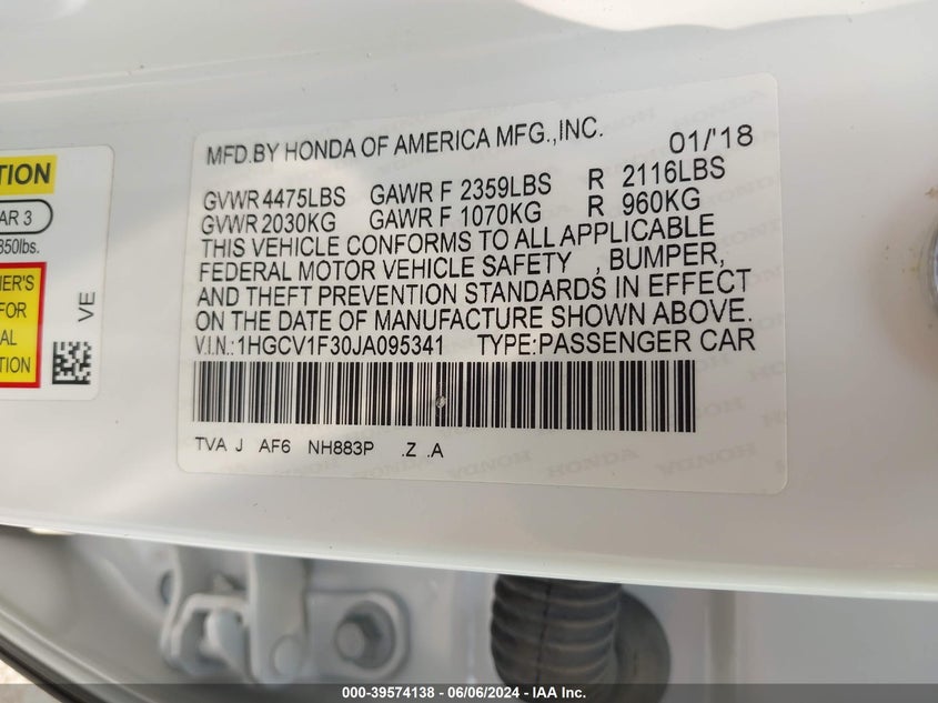 VIN 1HGCV1F30JA095341 2018 HONDA ACCORD SPORT