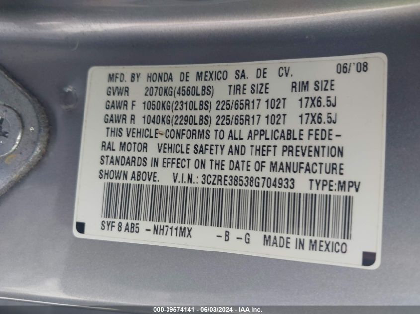 2008 Honda Cr-V Ex VIN: 3CZRE38538G704933 Lot: 39574141