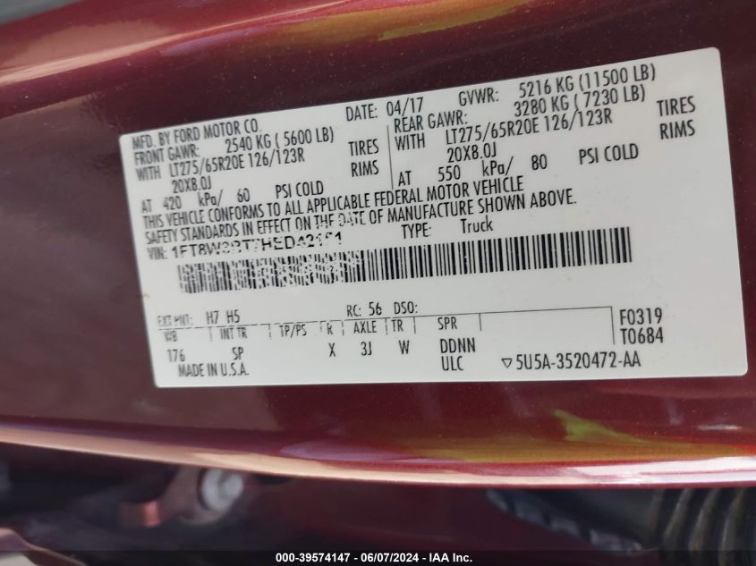 2017 Ford F-350 King Ranch VIN: 1FT8W3BT7HED42151 Lot: 39574147