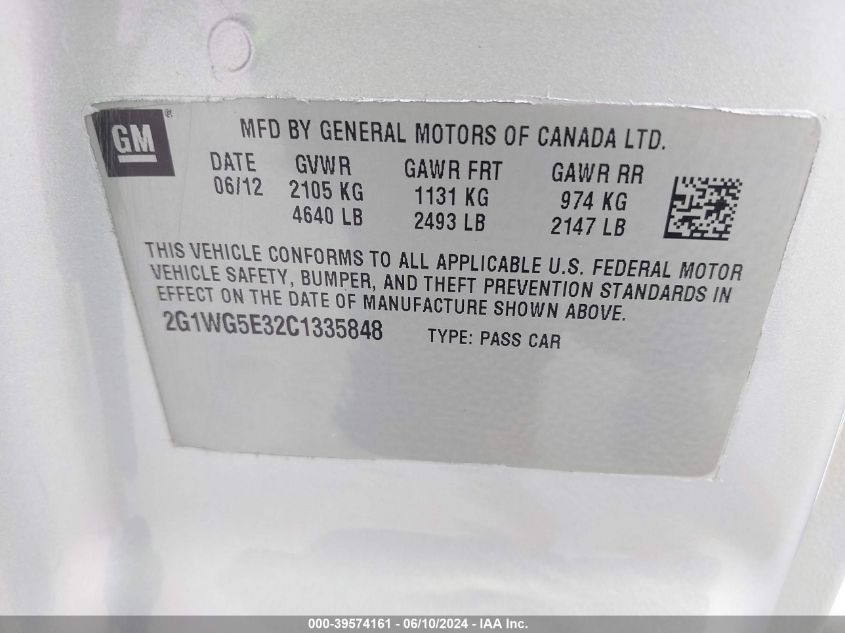 2012 Chevrolet Impala Lt VIN: 2G1WG5E32C1335848 Lot: 39574161