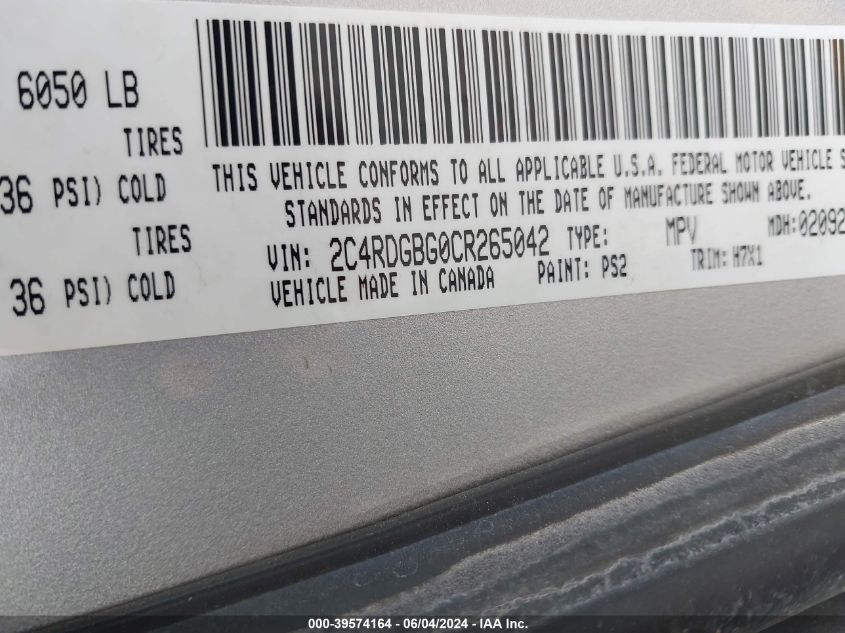 2012 Dodge Grand Caravan Se/Avp VIN: 2C4RDGBG0CR265042 Lot: 39574164