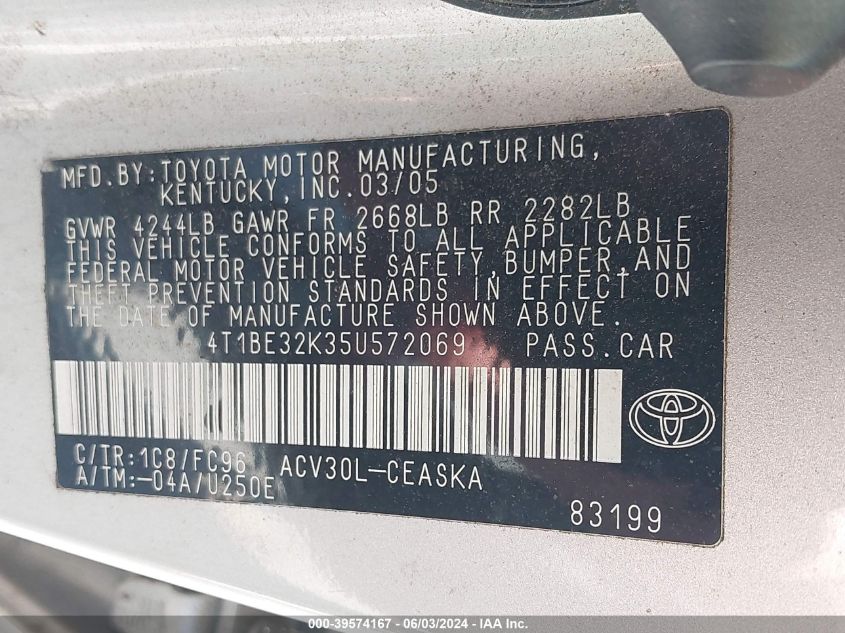 2005 Toyota Camry Se VIN: 4T1BE32K35U572069 Lot: 39574167