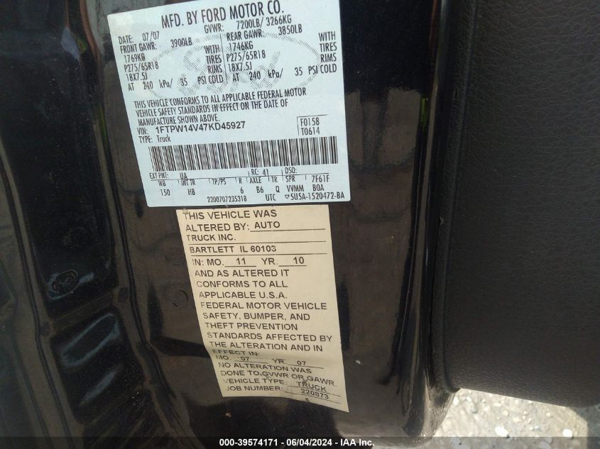 2007 Ford F-150 Fx4/Lariat/Xlt VIN: 1FTPW14V47KD45927 Lot: 39574171