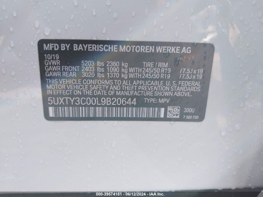 2020 BMW X3 Sdrive30I VIN: 5UXTY3C00L9B20644 Lot: 39574181