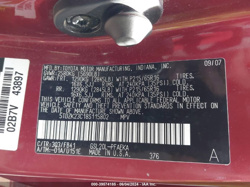 2008 Toyota Sienna Ce VIN: 5TDZK23C18S115802 Lot: 39574185