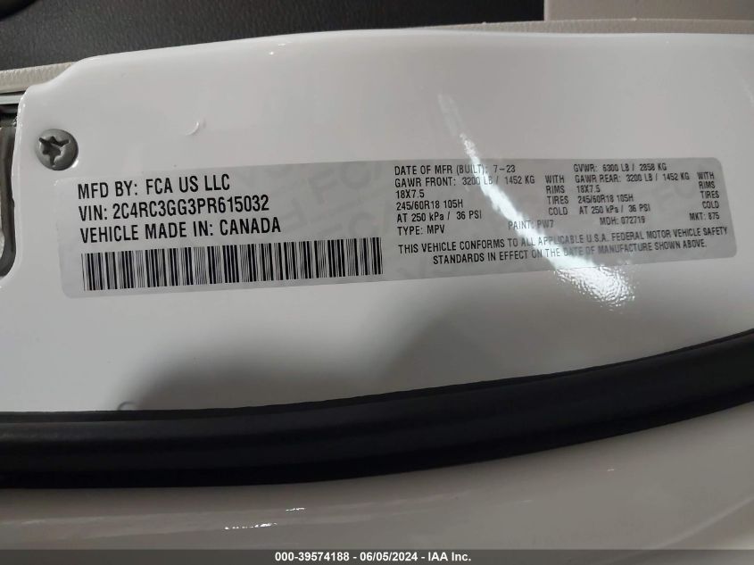 2023 Chrysler Pacifica Limited Awd VIN: 2C4RC3GG3PR615032 Lot: 39574188