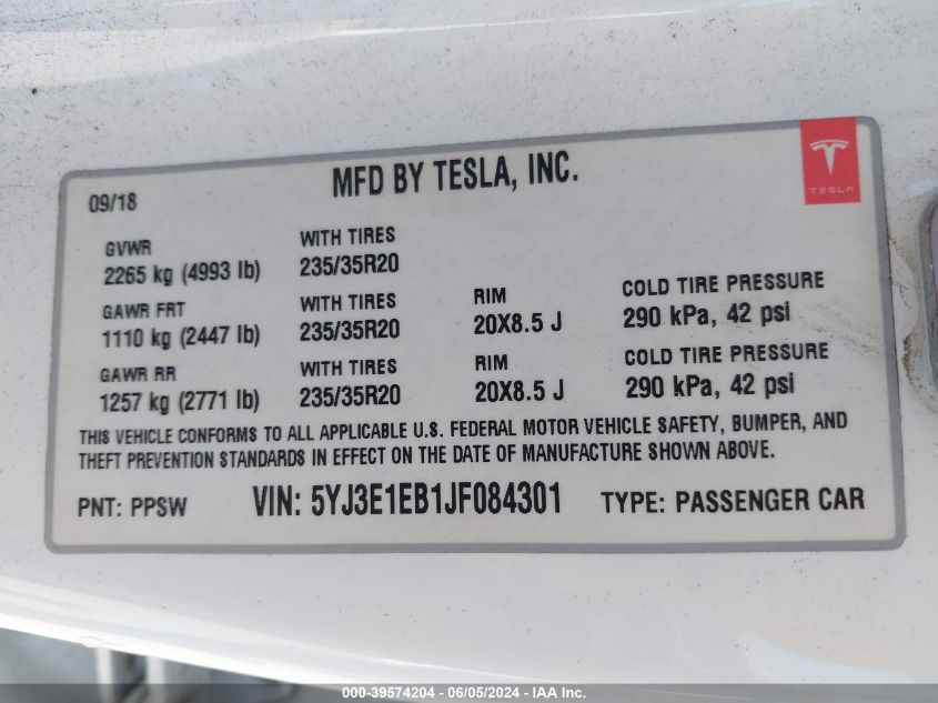 2018 Tesla Model 3 Long Range/Performance VIN: 5YJ3E1EB1JF084301 Lot: 39574204