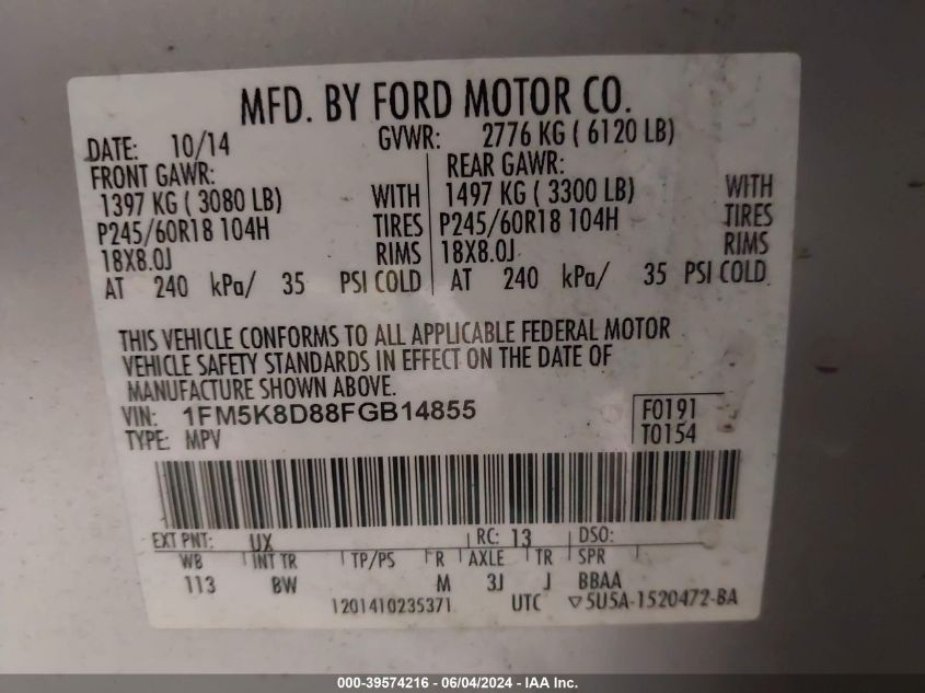 2015 Ford Explorer Xlt VIN: 1FM5K8D88FGB14855 Lot: 39574216