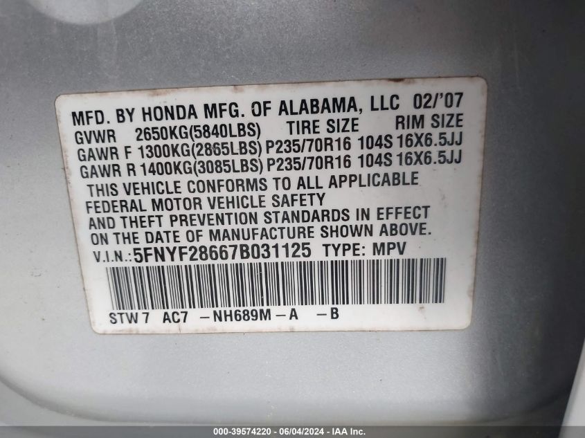 2007 Honda Pilot Ex-L VIN: 5FNYF28667B031125 Lot: 39574220