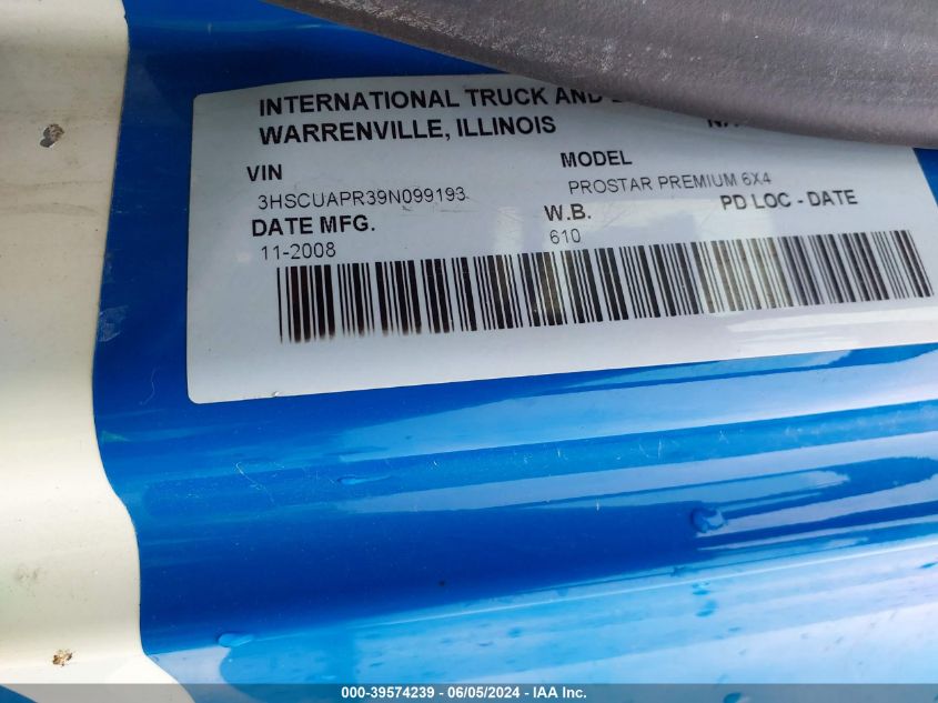 2009 International Prostar Premium VIN: 3HSCUAPR39N099193 Lot: 39574239