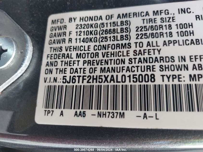 2010 Honda Accord Crosstour Ex-L VIN: 5J6TF2H5XAL015008 Lot: 39574268