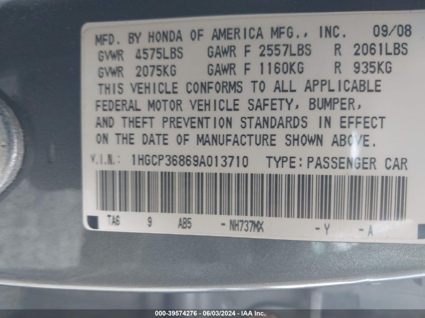 2009 Honda Accord 3.5 Ex-L VIN: 1HGCP36869A013710 Lot: 39574276