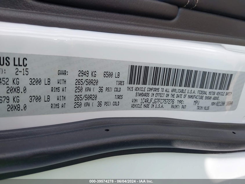 2015 Jeep Grand Cherokee Summit VIN: 1C4RJFJG7FC757276 Lot: 39574278
