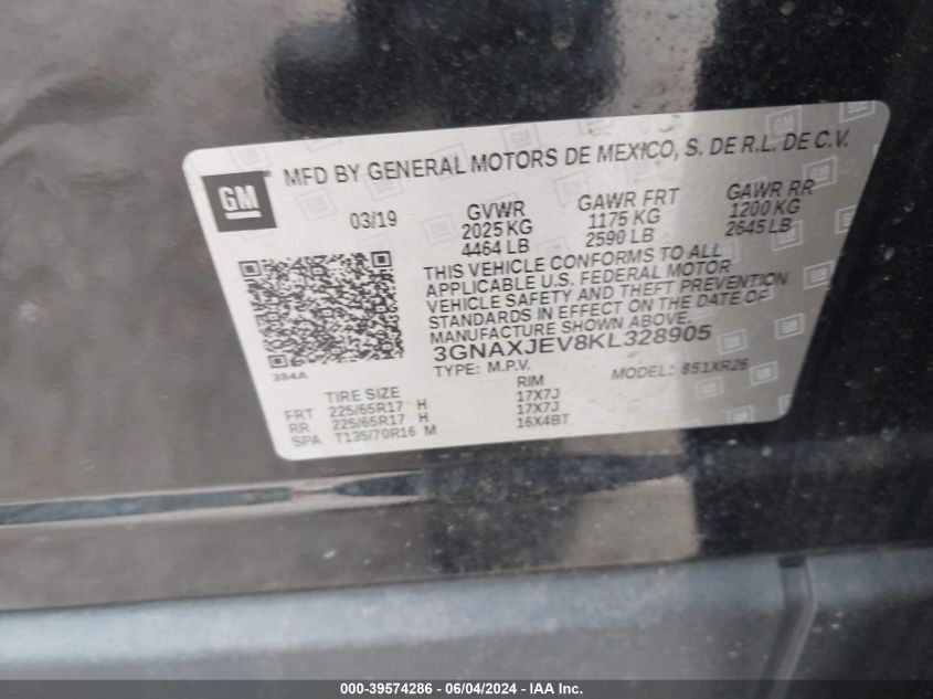 2019 Chevrolet Equinox Lt VIN: 3GNAXJEV8KL328905 Lot: 39574286