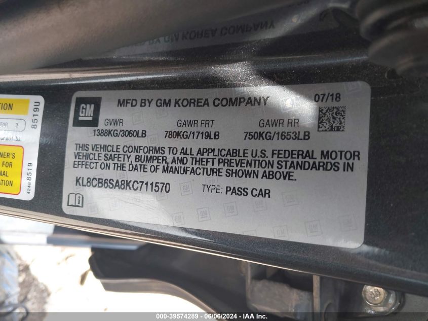 2019 Chevrolet Spark Ls Cvt VIN: KL8CB6SA8KC711570 Lot: 39574289